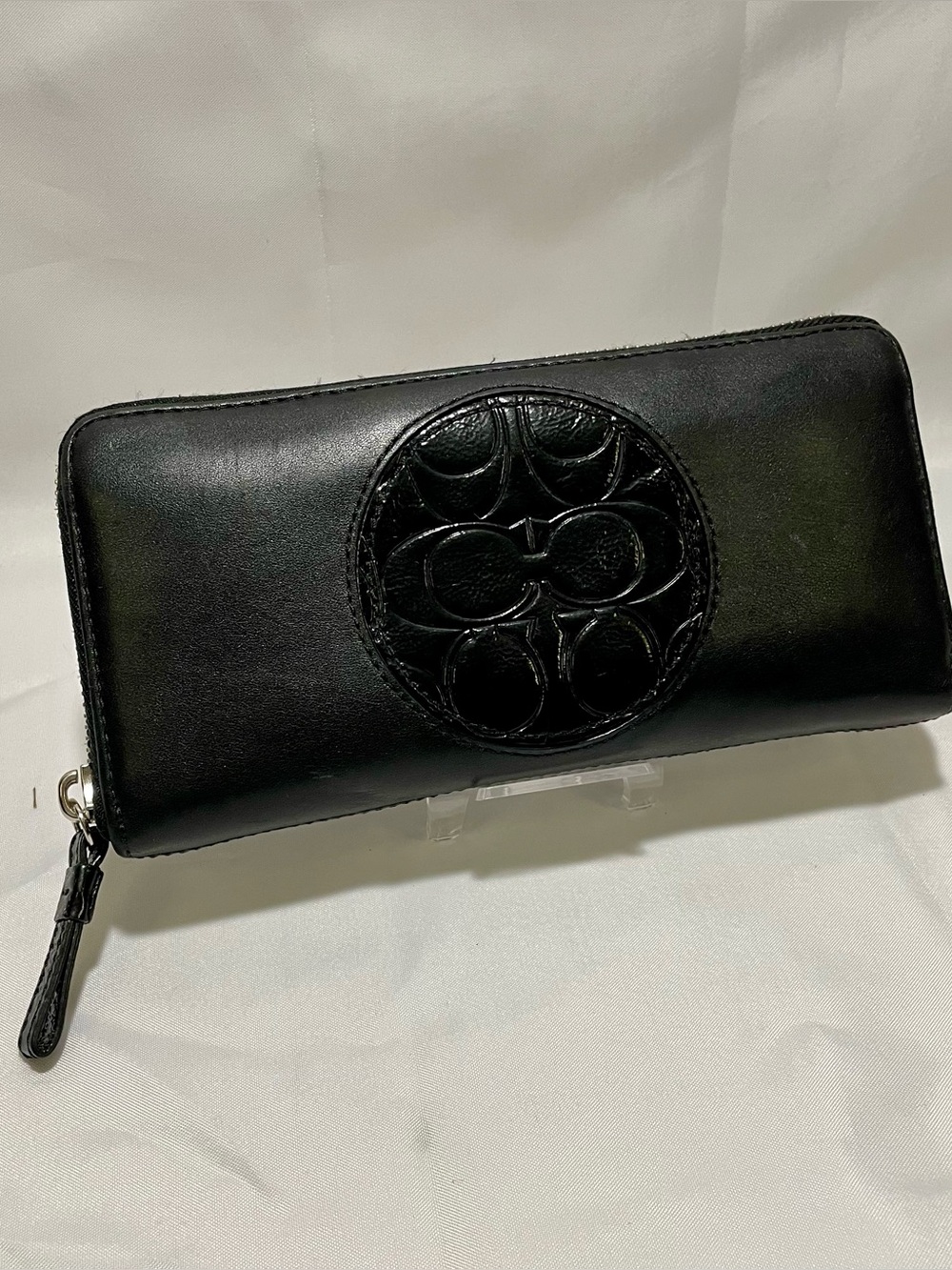 Coach Black Leather Accordion Zip Around Wallet With Patent Leather CC Medallion